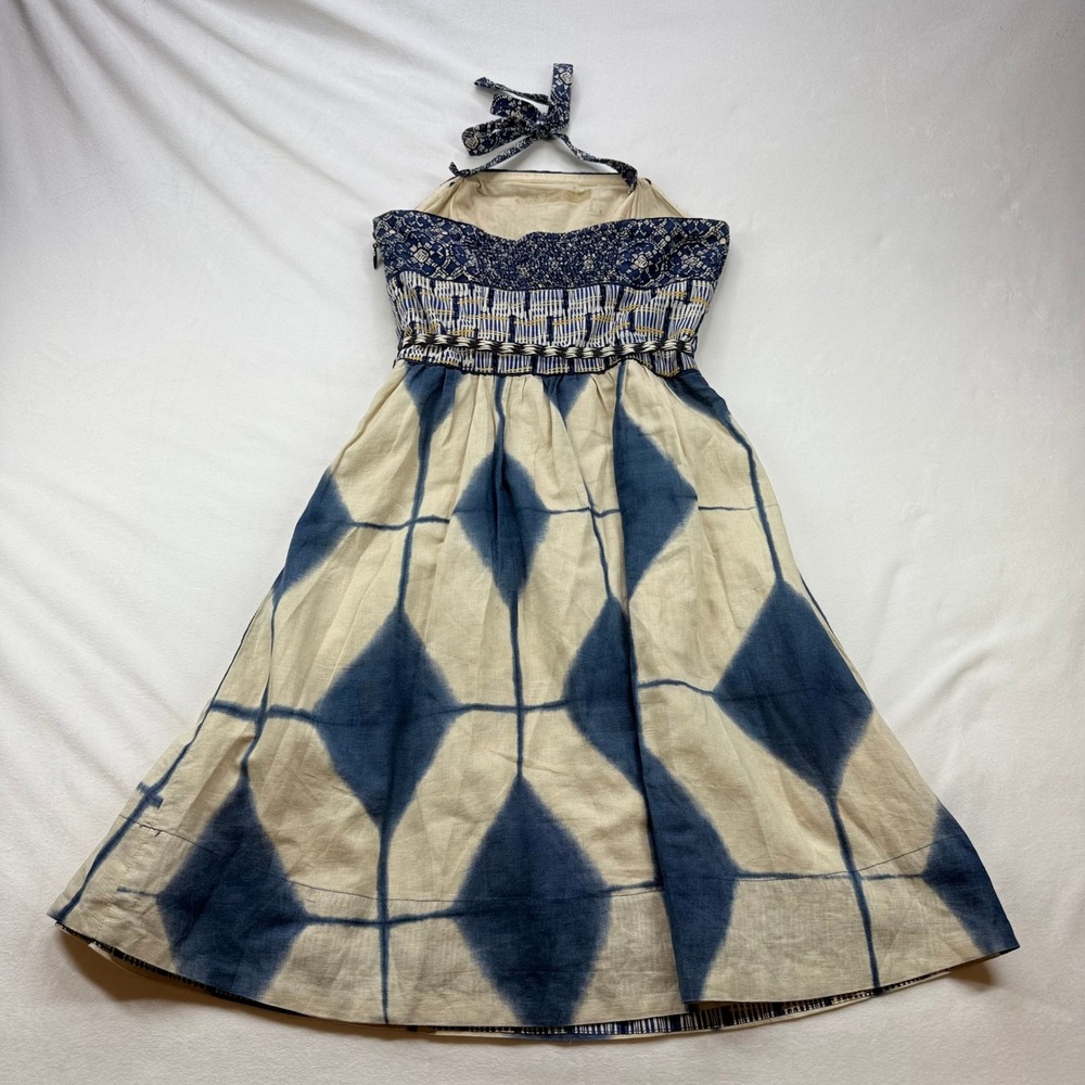 Anthropologie Maeve Halter Midi Dress Blue White Tie Dye Diamond Mixed Print - Picture 5 of 16